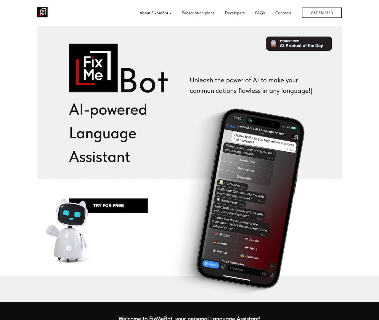 Fixmebot - AI-powered language assistant that offers a range of language-related services. With the ability to work with over 50 languages