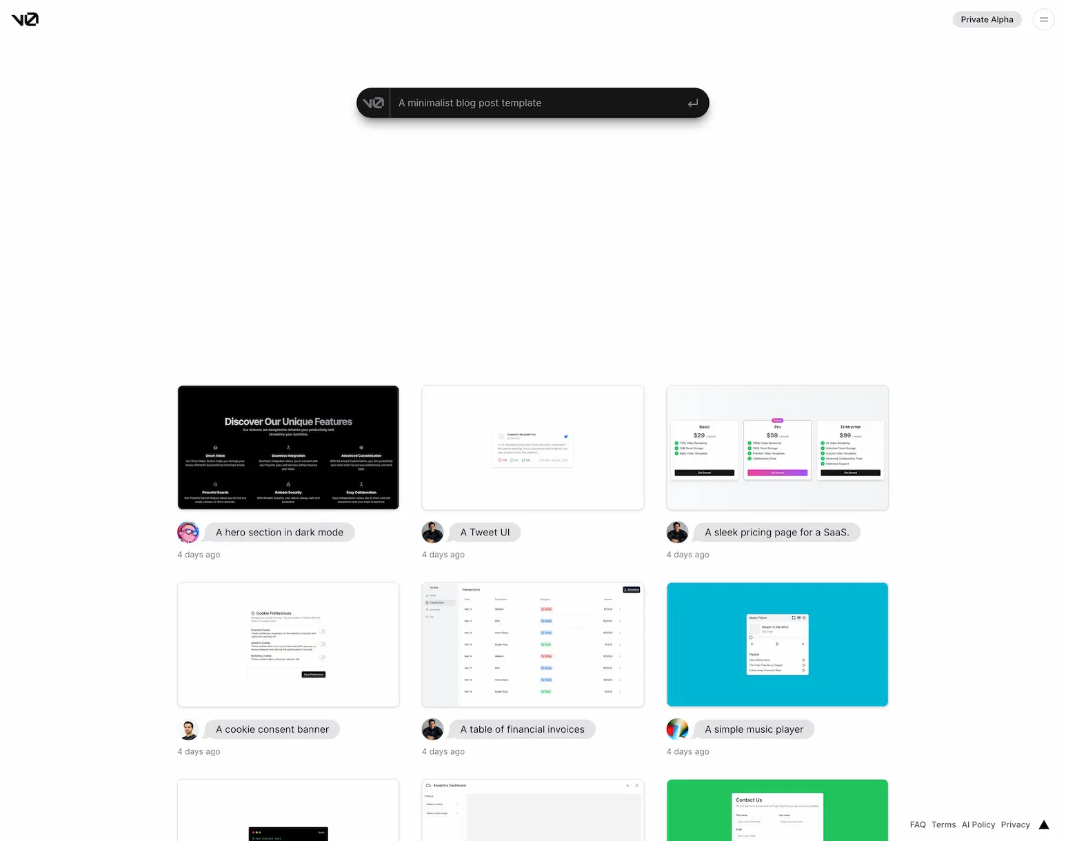 v0.dev-Awesome AI Tools make text to UI and CSS