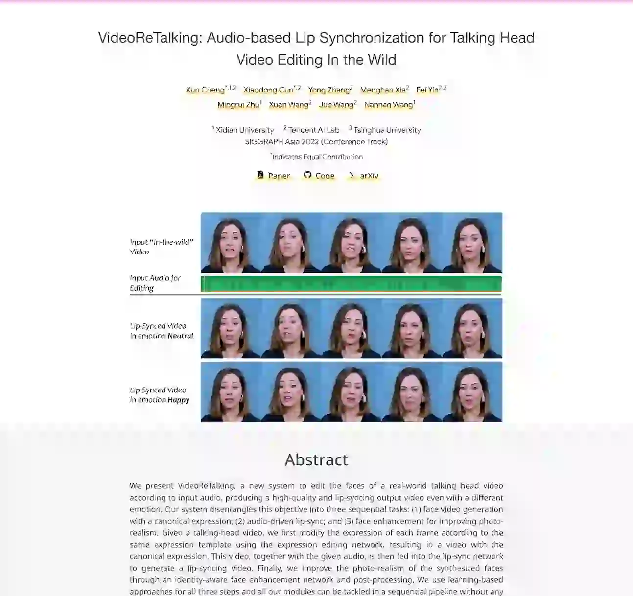 Video ReTalking-focuses on audio-based lip synchronization for talking head video editing