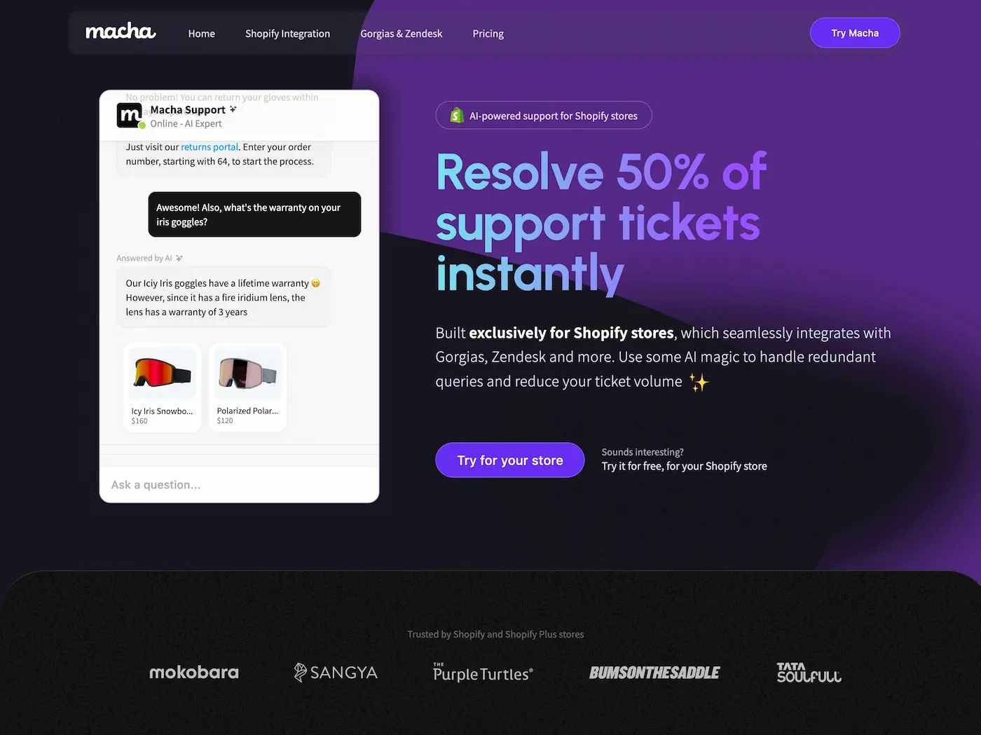 Macha,Resolve 50% of support tickets instantly by AI