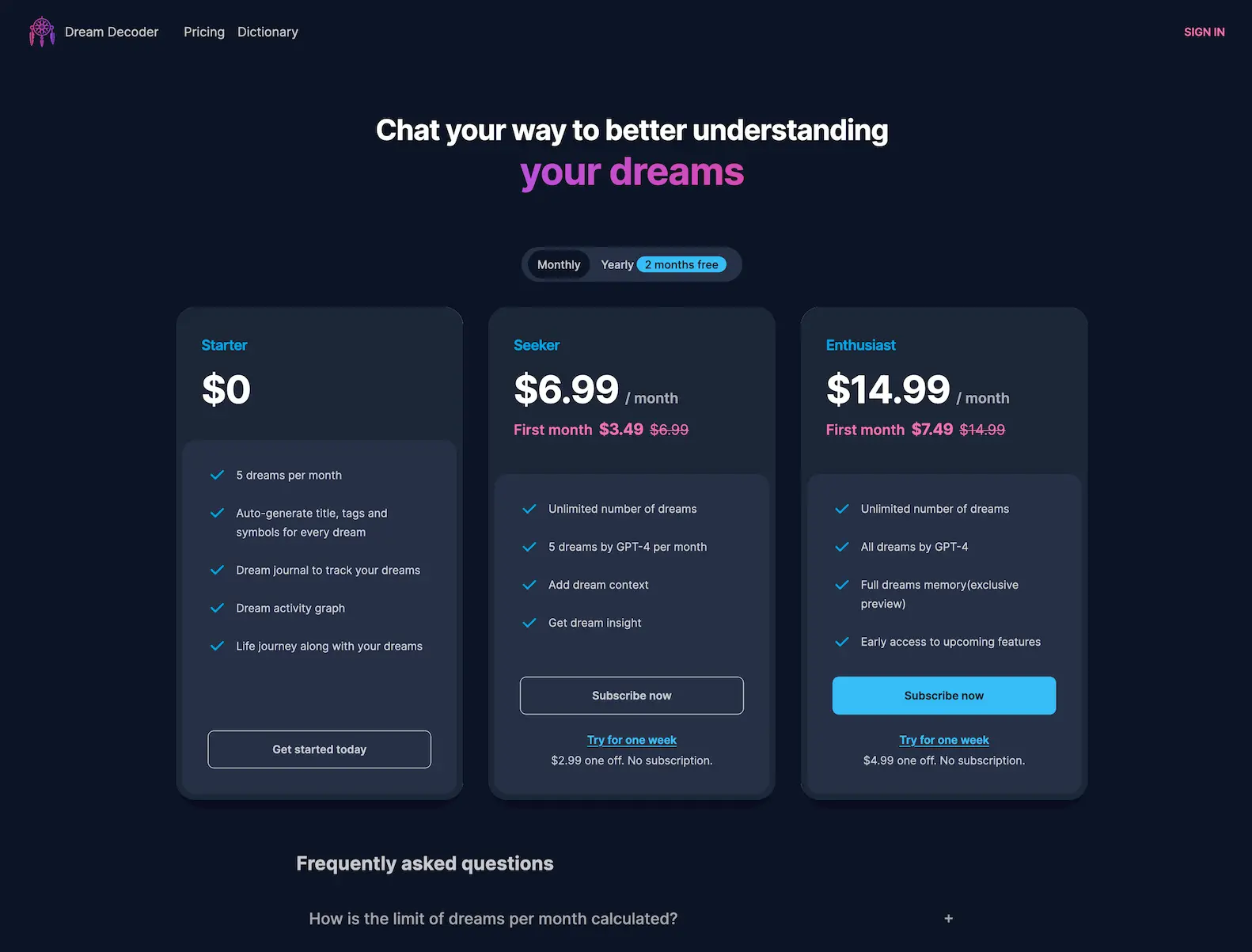 Dream Decoder - AI dream scenario interpreter pricing and features