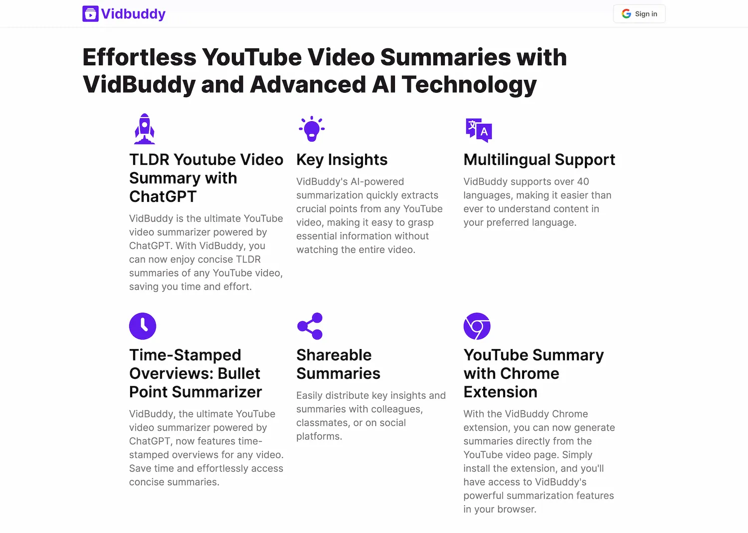 VidBuddy - AI YouTube Video Summarizer pricing and features