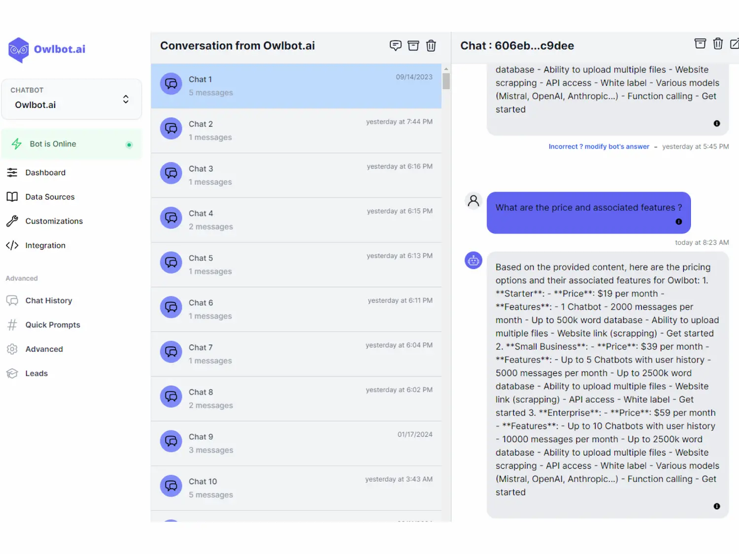 Owlbot dashboard ,pricing plan and features