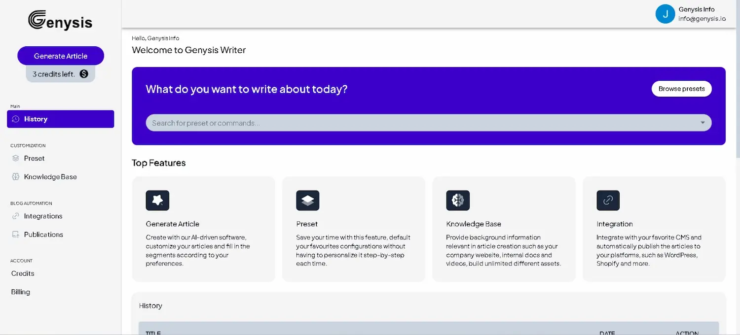 Genysis pricing and features