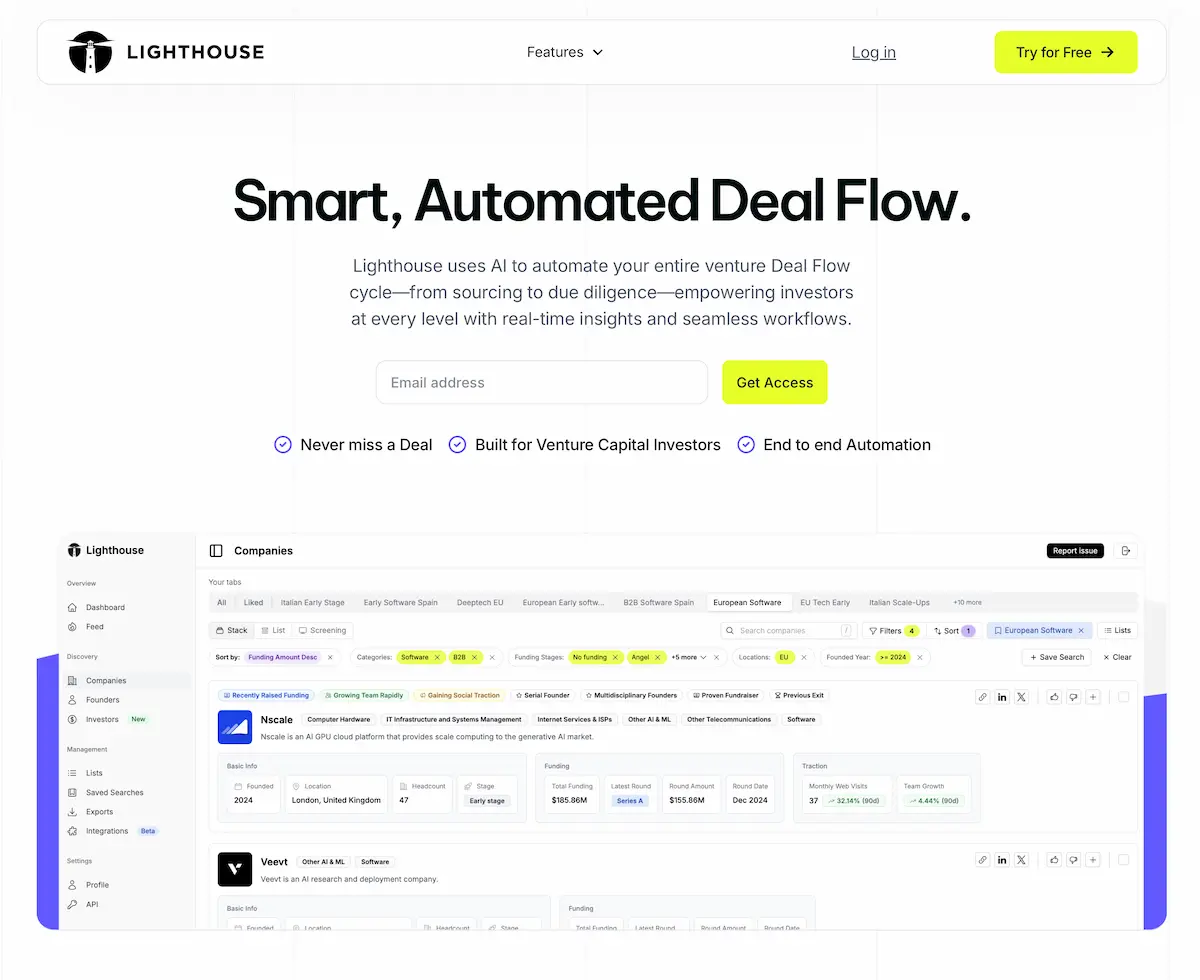 Lighthouse homepage product overview screenshot