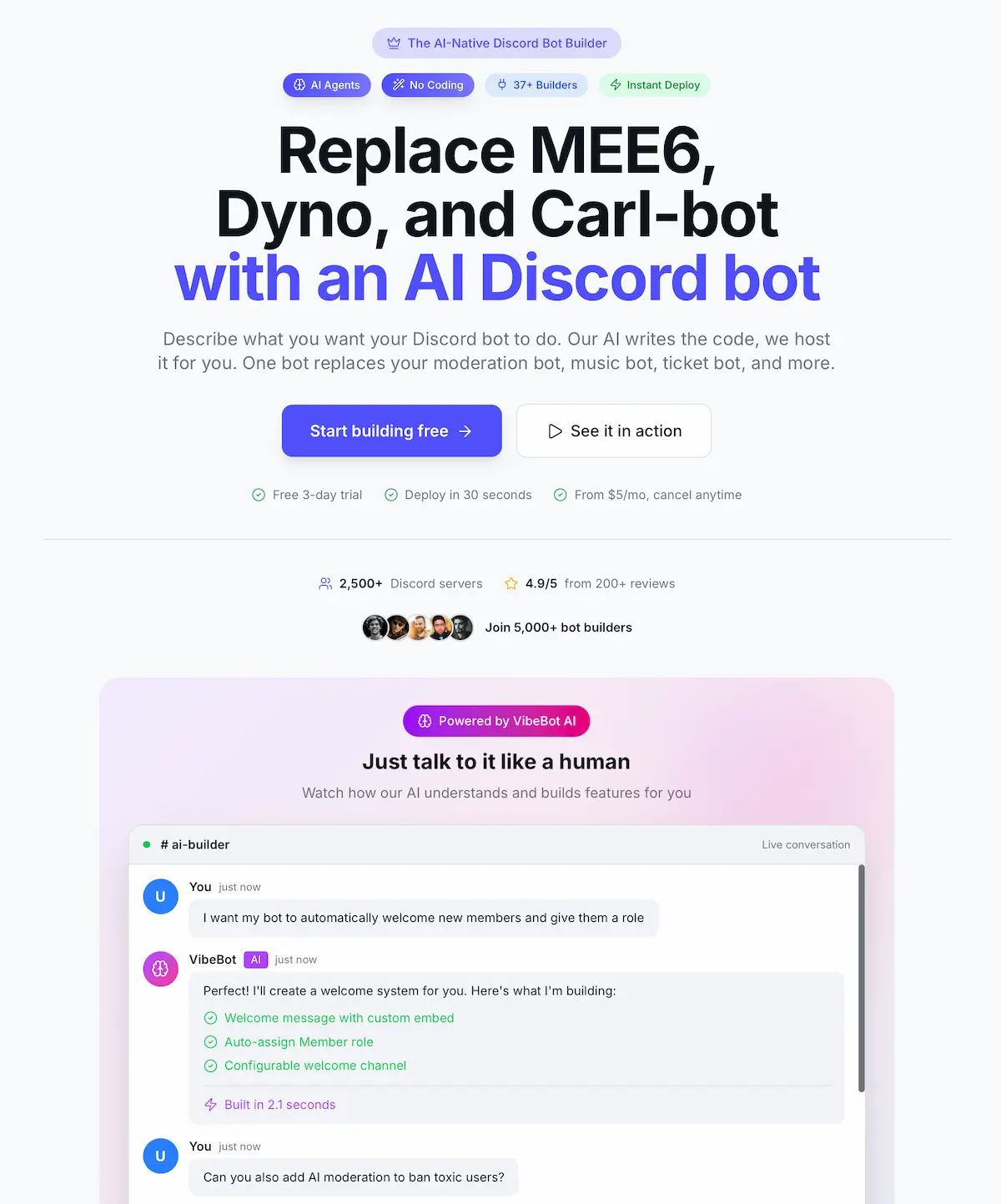 VibeBot AI Discord bot maker preview