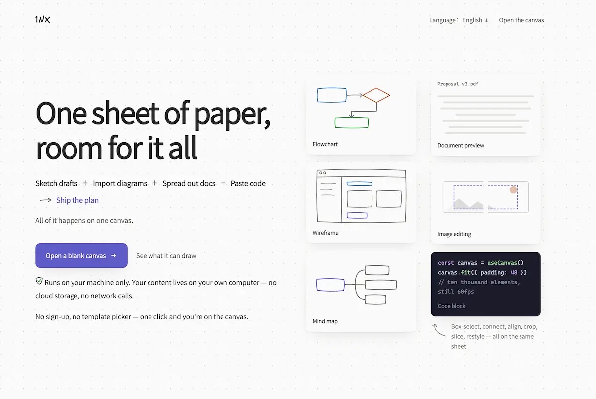 1NX Features page showing its local-first infinite canvas workflow