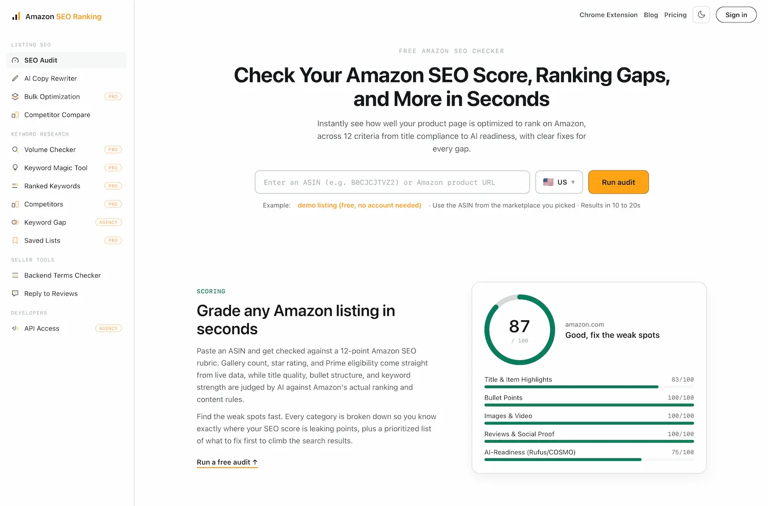 Amazon SEO Ranking homepage showing the Amazon SEO audit dashboard
