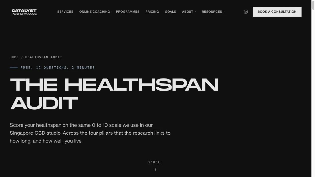 Catalyst Healthspan Audit homepage showing the free online healthspan assessment