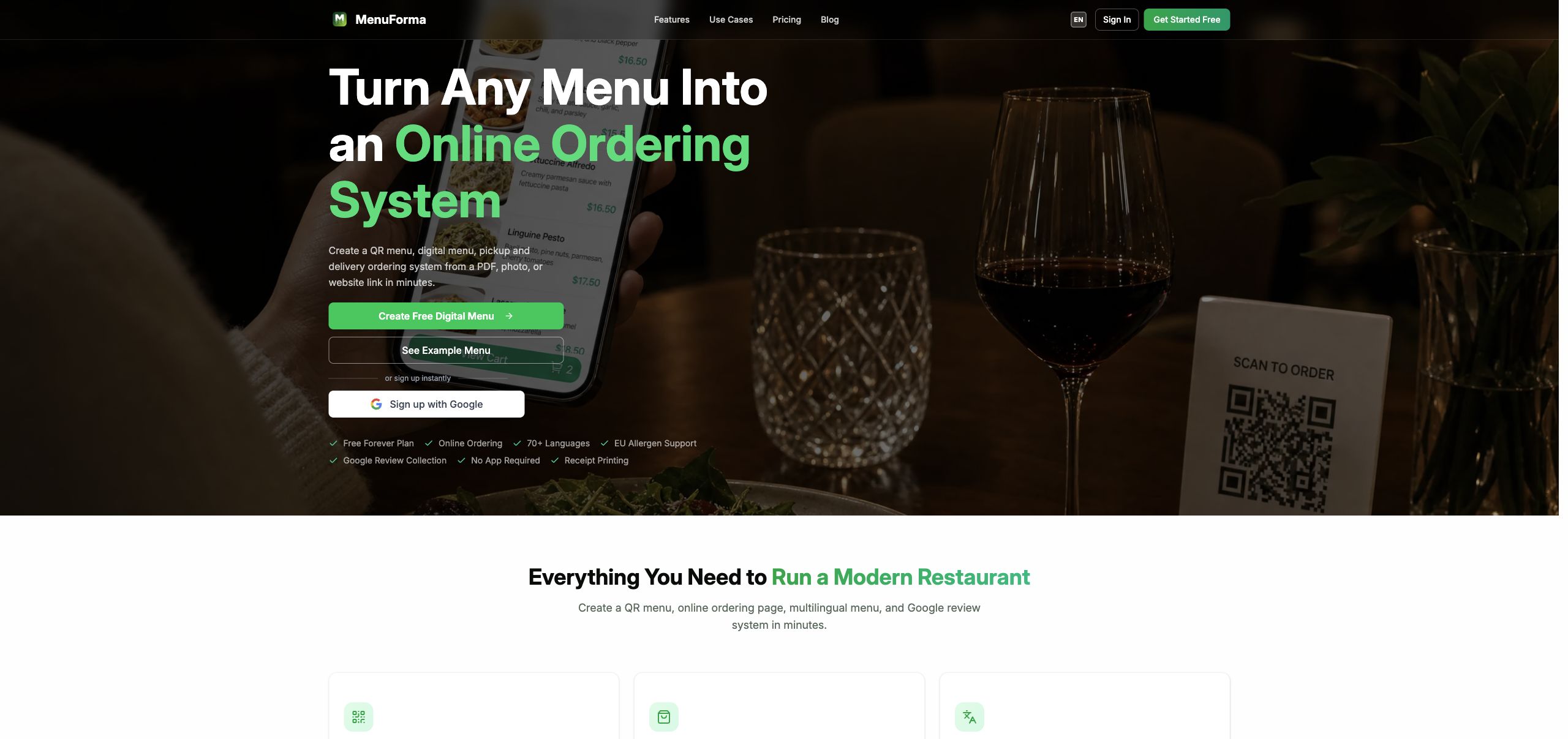 MenuForma QR menu and online ordering system
