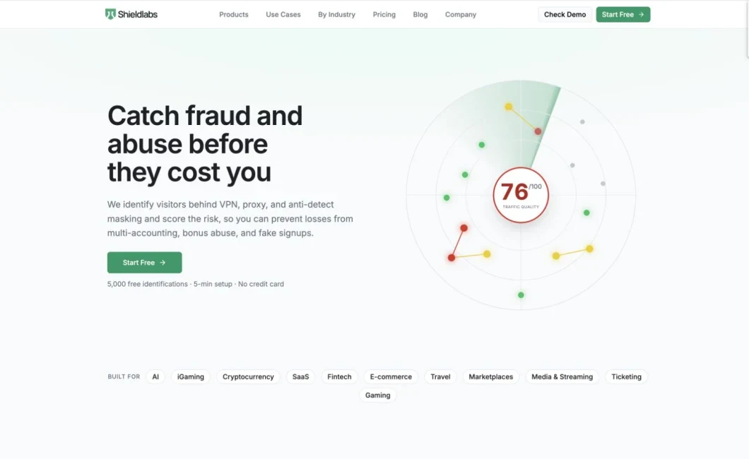ShieldLabs official website showing fraud and abuse detection with traffic quality scoring