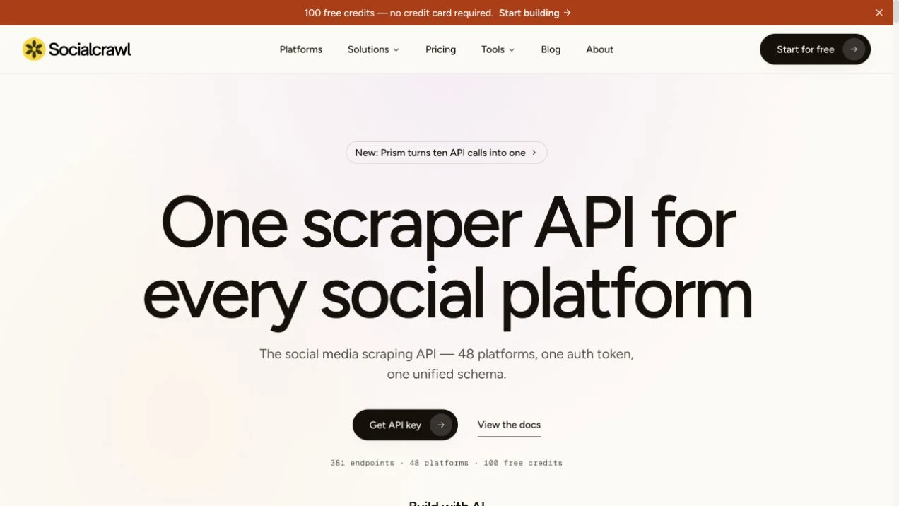 SocialCrawl official website homepage showing its unified social media scraper API