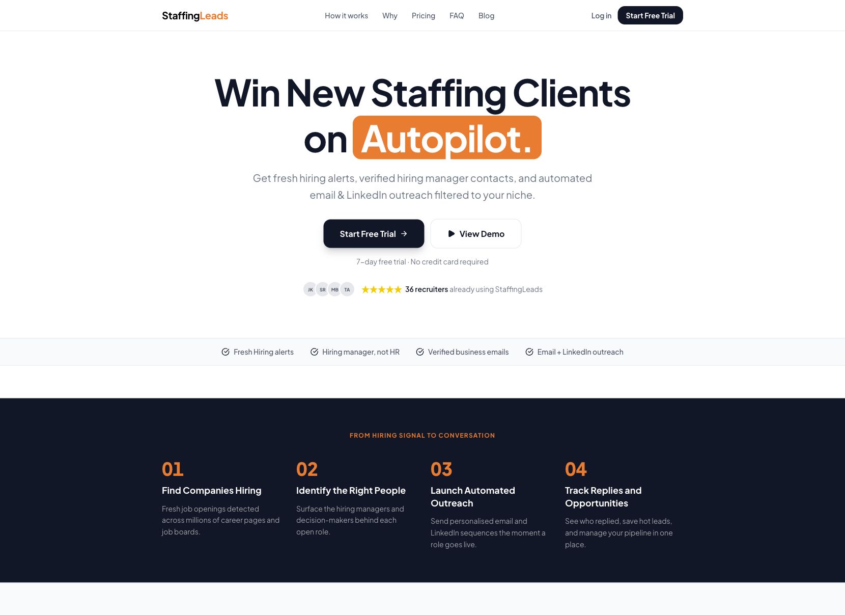 Staffing Leads homepage showing hiring signals and automated outreach