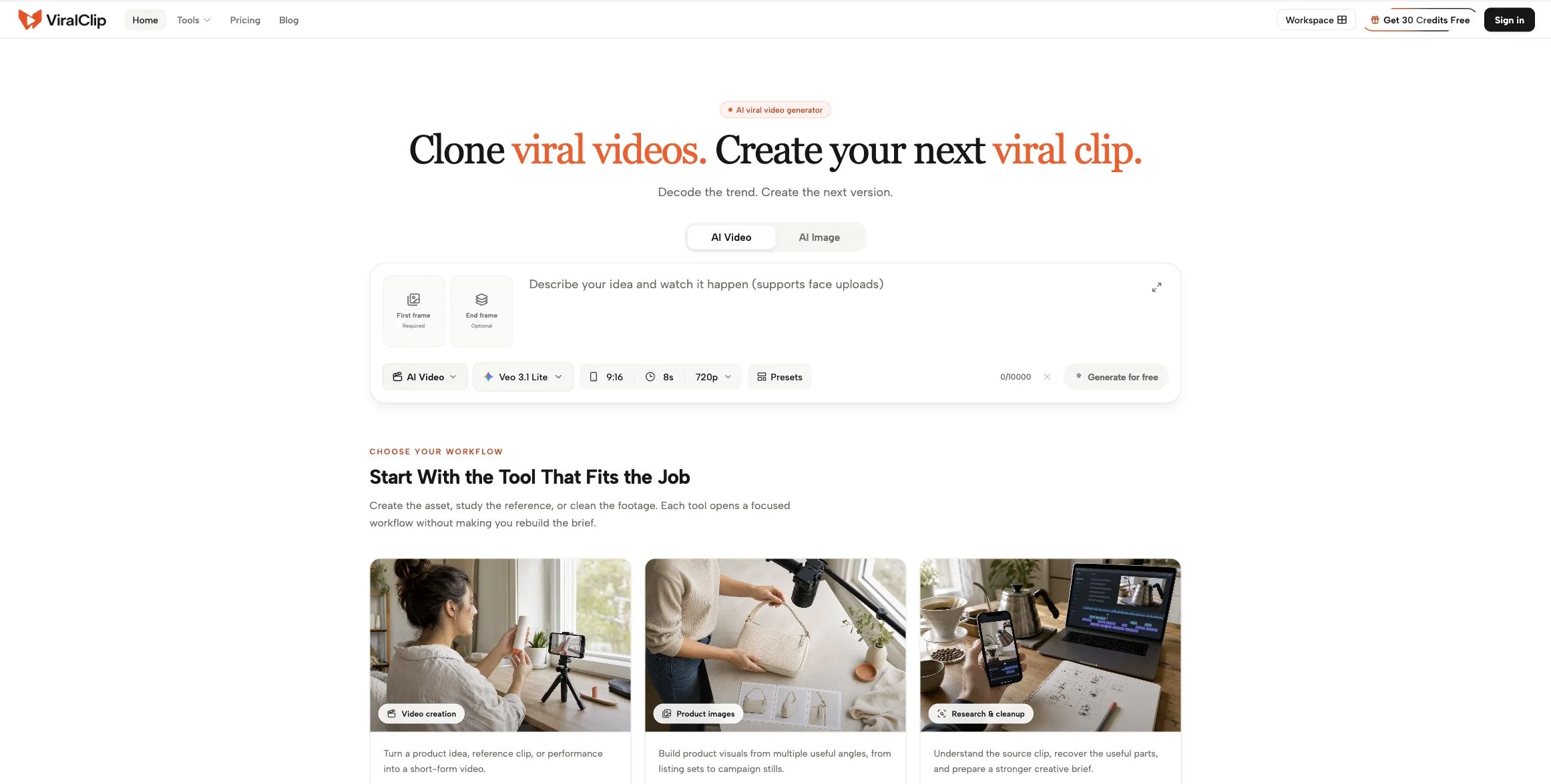 ViralClip official website showing the AI viral video generator and creator workflows
