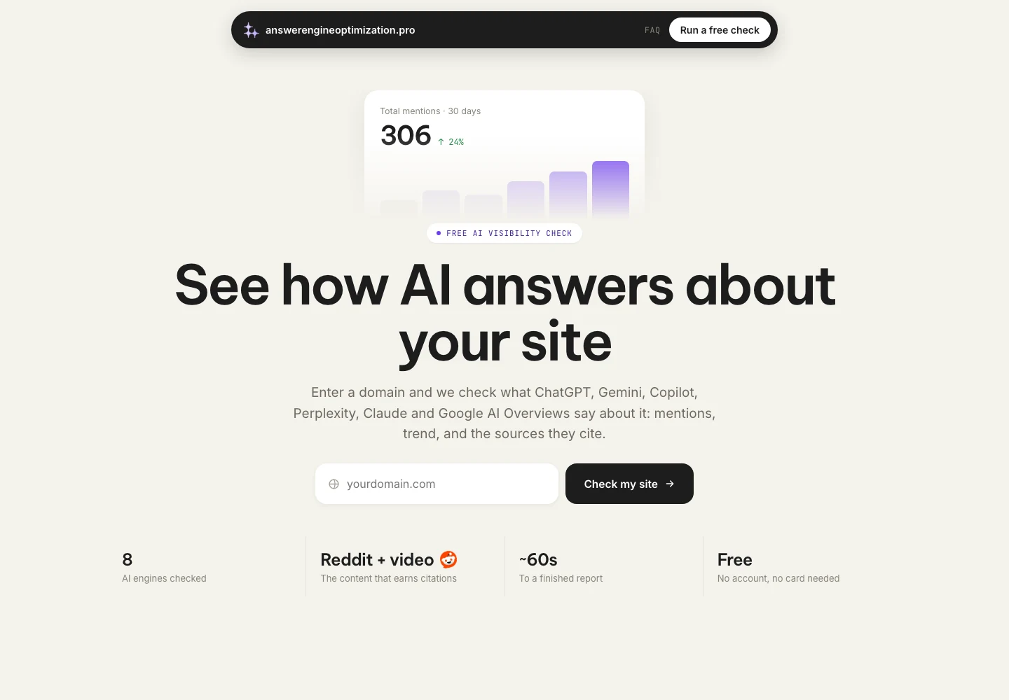 Answer Engine Optimization homepage showing its free AI visibility checker