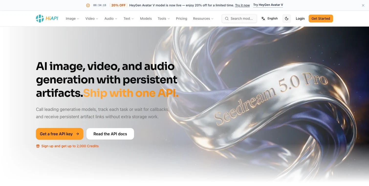 HiAPI homepage showing its unified AI generation API for image, video, and audio models