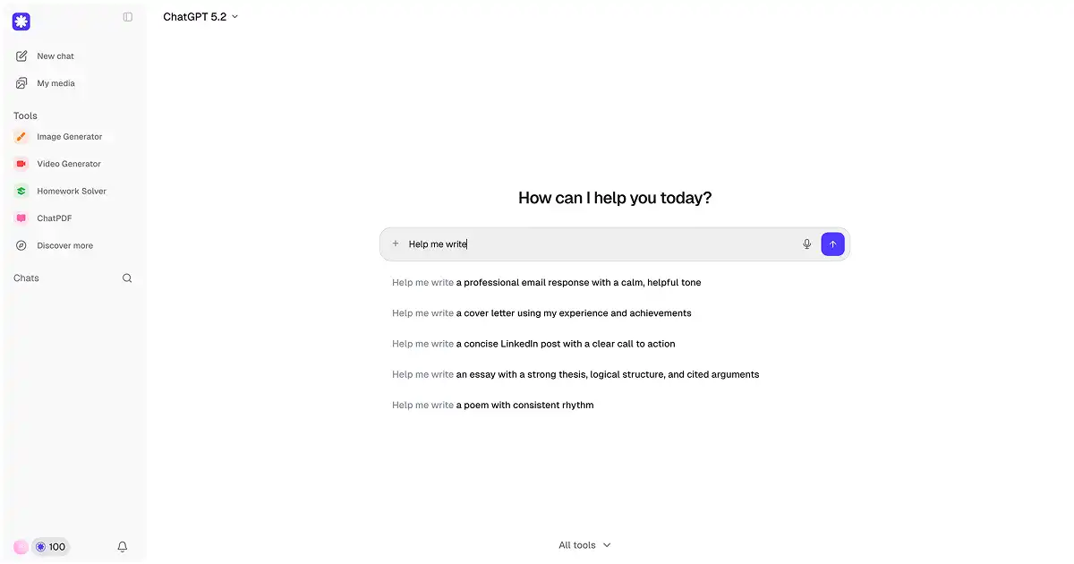 Overchat AI interface with model selection and built-in image, video, homework, and ChatPDF tools
