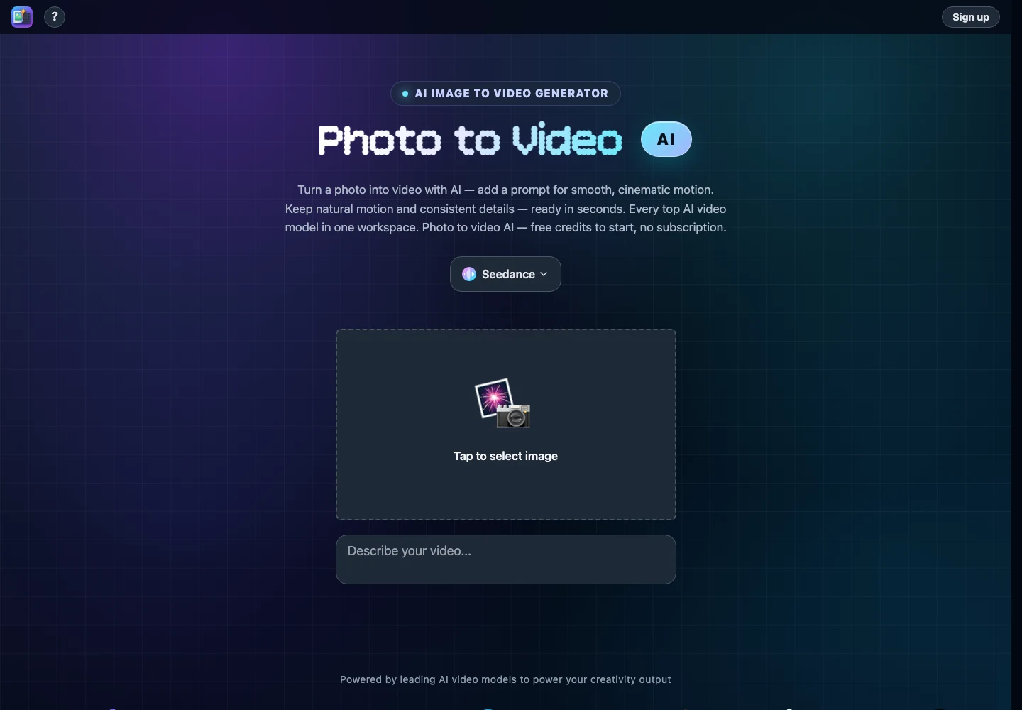 Photo to Video homepage showing its AI image-to-video generator