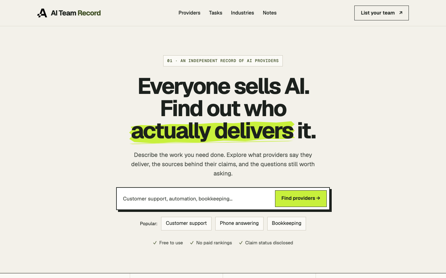 AI Team Record homepage showing the provider search interface