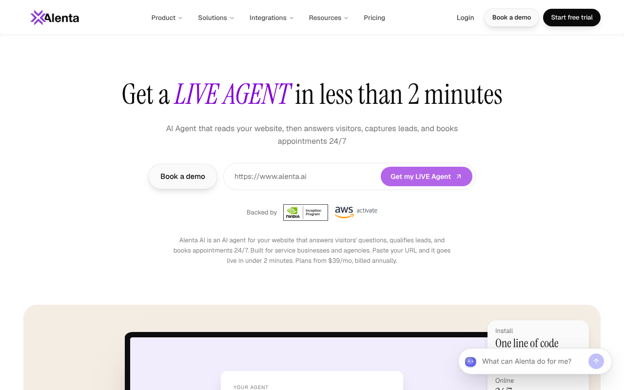 Alenta AI website agent homepage