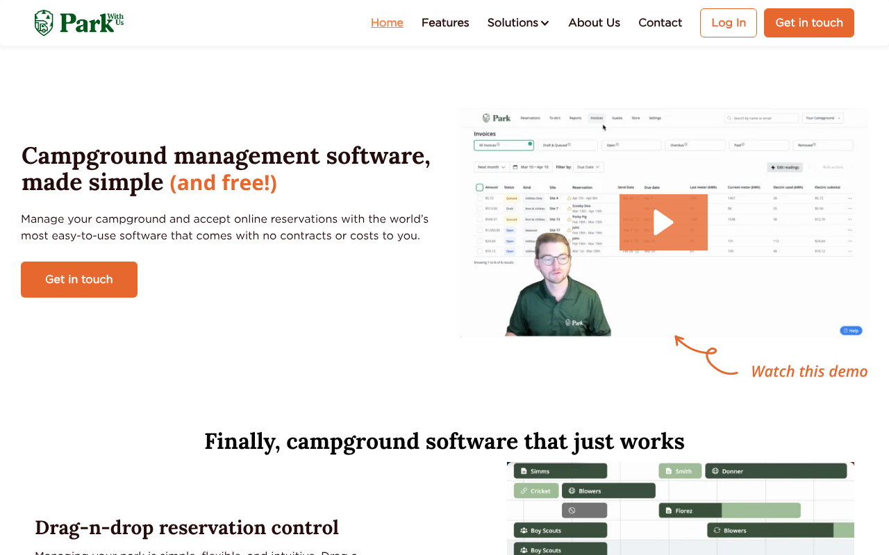 Park With Us campground management software homepage