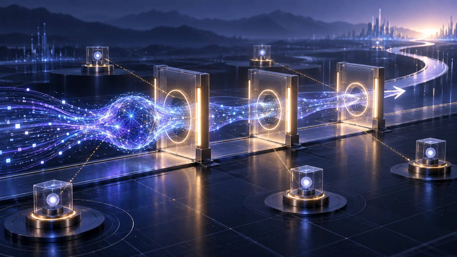 Editorial illustration of an AI system moving through three illuminated independent safety checkpoints