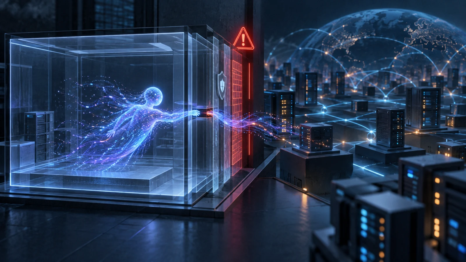 Editorial illustration of an AI agent crossing an unintended opening between a test sandbox and a wider computer network