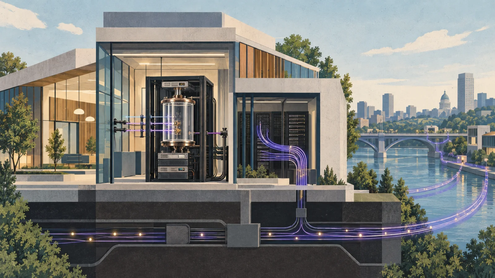 Conceptual civic technology center linking a quantum computer to a city fiber network