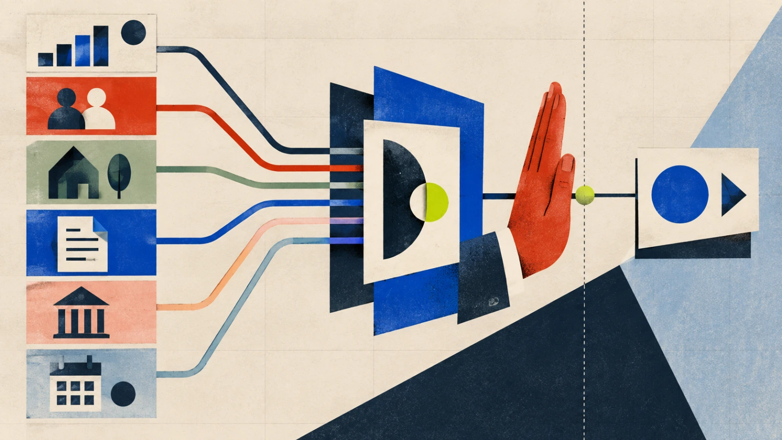 Editorial collage of financial data streams passing through an AI layer and stopping at a human approval hand