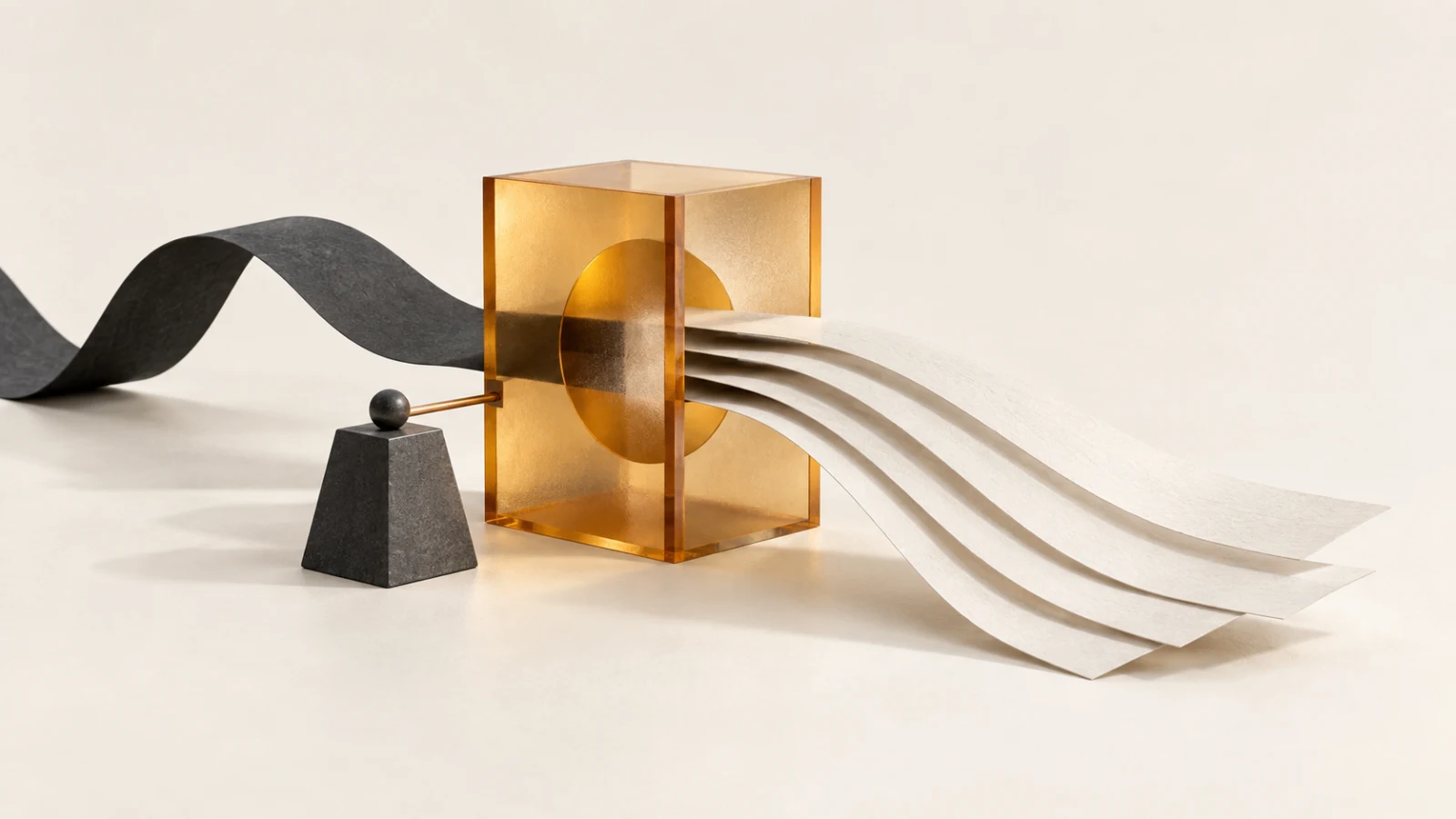 An abstract amber evaluation frame turns one dark paper ribbon into several pale output sheets