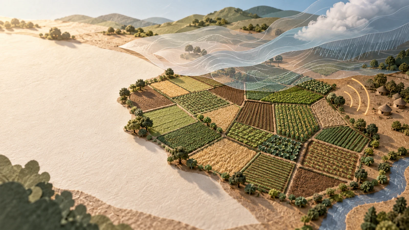 Layered paper farmland under translucent weather and mapping contours