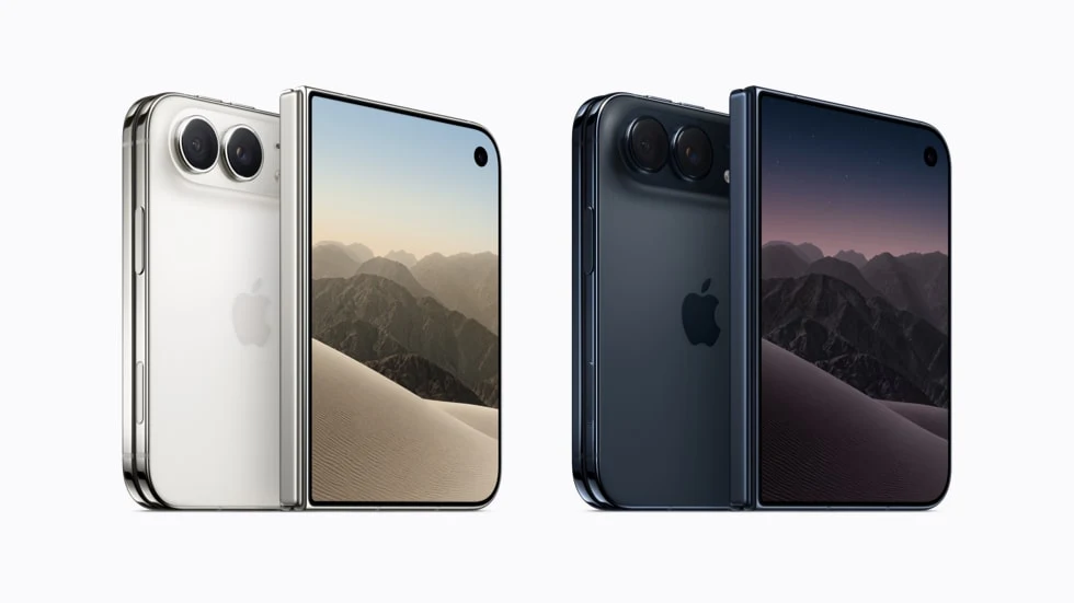 Apple iPhone Duo shown open in light and dark finishes