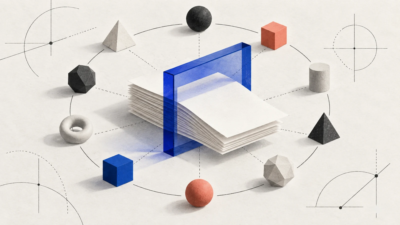 Blank research papers passing through a blue review frame surrounded by abstract geometric forms