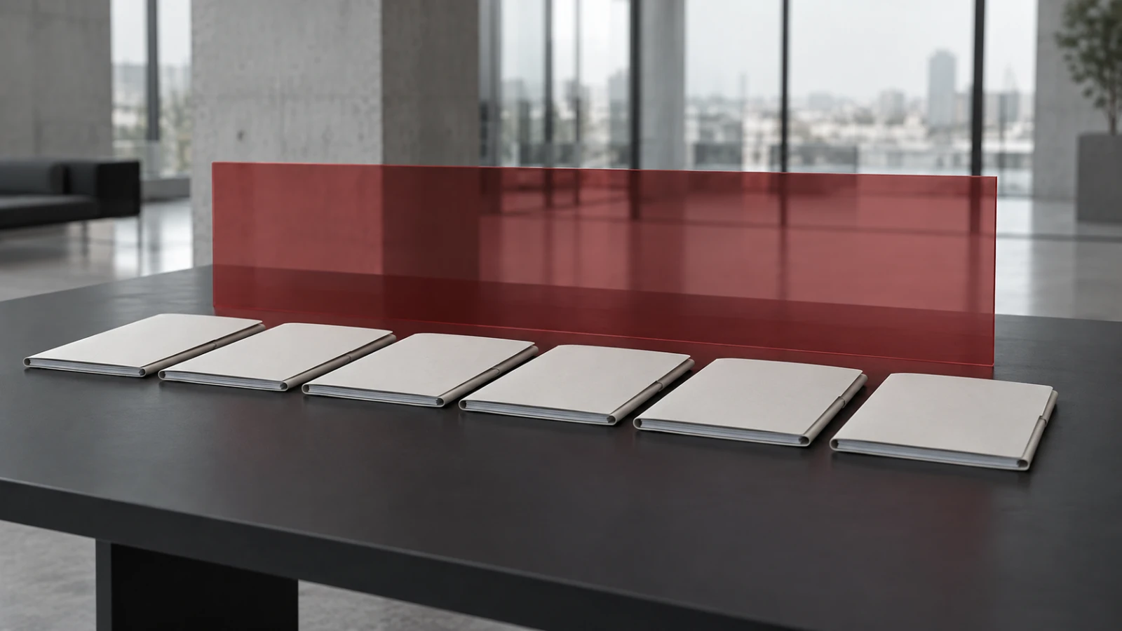 Six blank report folders arranged before a translucent red review panel in a modern office