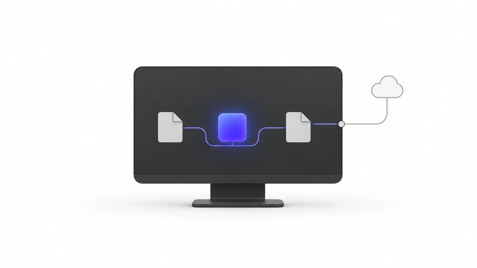 Minimal illustration of two local files linked through an AI processing node inside a desktop display, with a small optional cloud connection